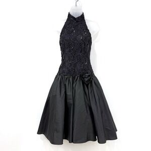 HW Collections Dress Womens XS Black VTG Whimsigoth Glam Event Sequins Prom Lace